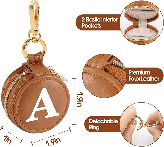 Mini Initial Travel Jewelry Case Ring Holder, Brown Faux Leather Small Jewelry Organizer Box Gifts for Women Girls Nurse Teacher, Gym Travel Accessories Keychain Pouch for Earrings Rings Necklace A
