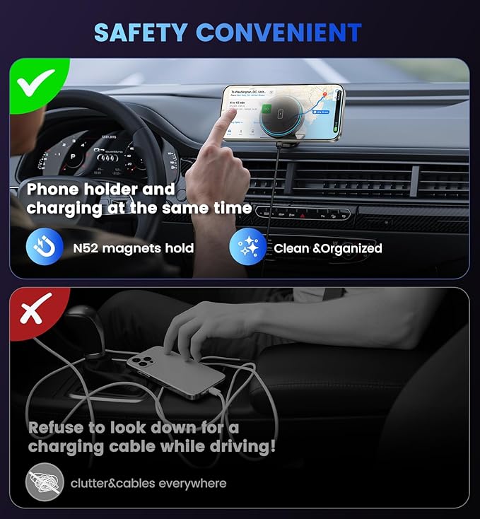 Mag-Safe Car Mount Charger 15W Magnetic Wireless Car Charger for iPhone 17 Accessories Magnetic Phone Holder for Car 3 in 1 Mag Safe Car Mount for iPhone17Pro/16/15/14/13/12 Series Gifts for Men Women