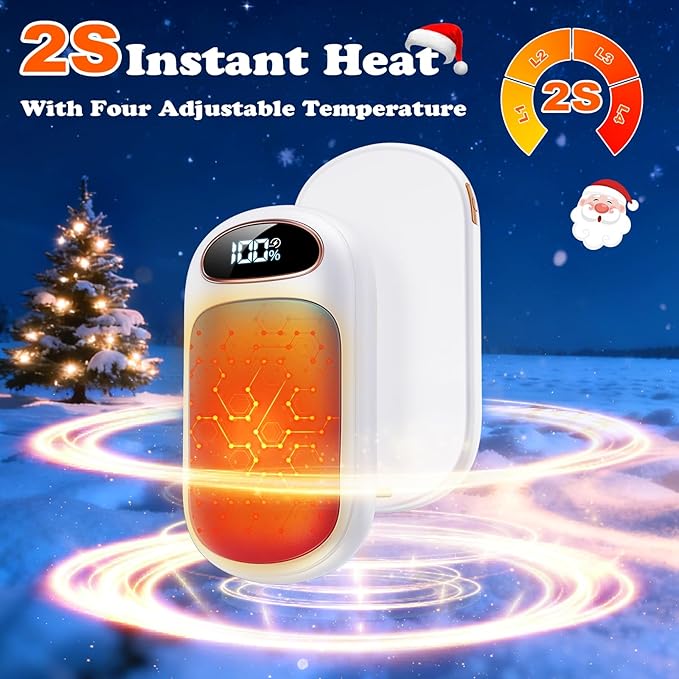 Rechargeable Hand Warmer 2 Pack, LED Display & 4 Levels, Ultrathin Electric Hand Warmers Portable USB Pocket Heater Fits Gloves for Hunting Essentials, Camping, Raynauds, Gifts for Christmas
