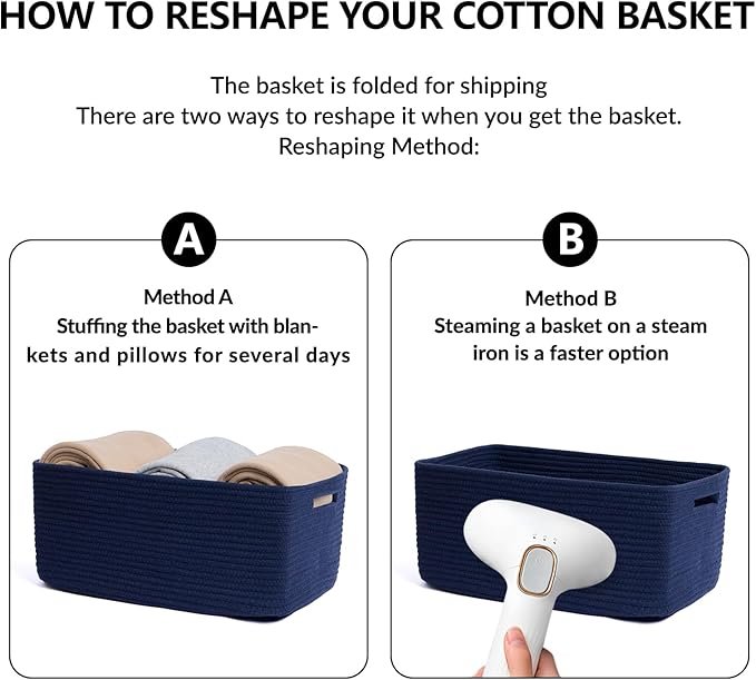 MiniArk Large Storage Baskets for Shelves, Closet Organizers Bins for Clothes Blanket Towels, Baby Nursery, Toy Baskets Box, Woven Rope Baskets, 17 x 13 x 7.5”, 3 Packs Navy Blue
