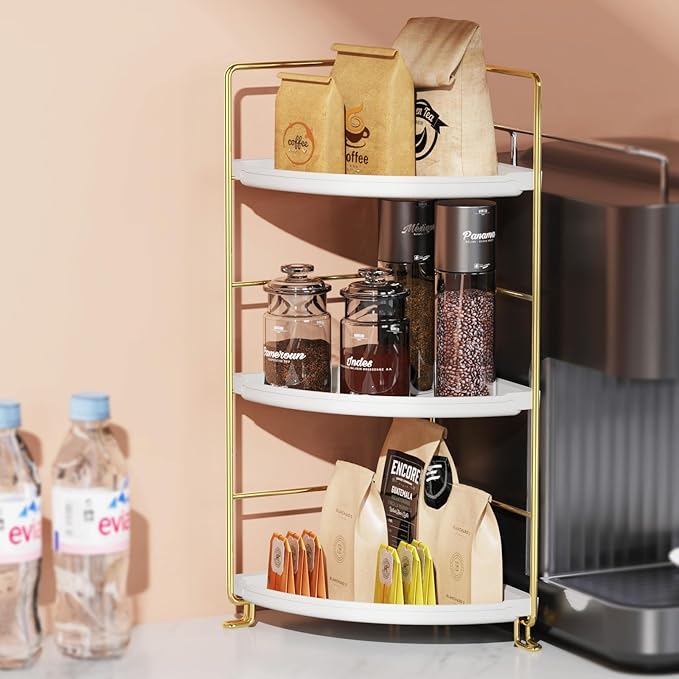 3-Tier Bathroom Organizer Countertop, Corner Bathroom Counter Organizer, Makeup for Vanity Skincare Organizers and Storage, Kitchen Counter Organizer Perfume Organizer (Gold)