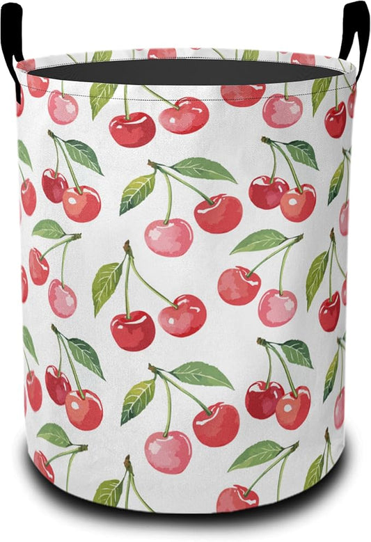 Cute Cherry Laundry Hamper Large Canvas Fabric Lightweight Storage Basket/Dirty Clothes Collapsible Waterproof for College Dorms, Boys and Girls Bedroom, Bathroom