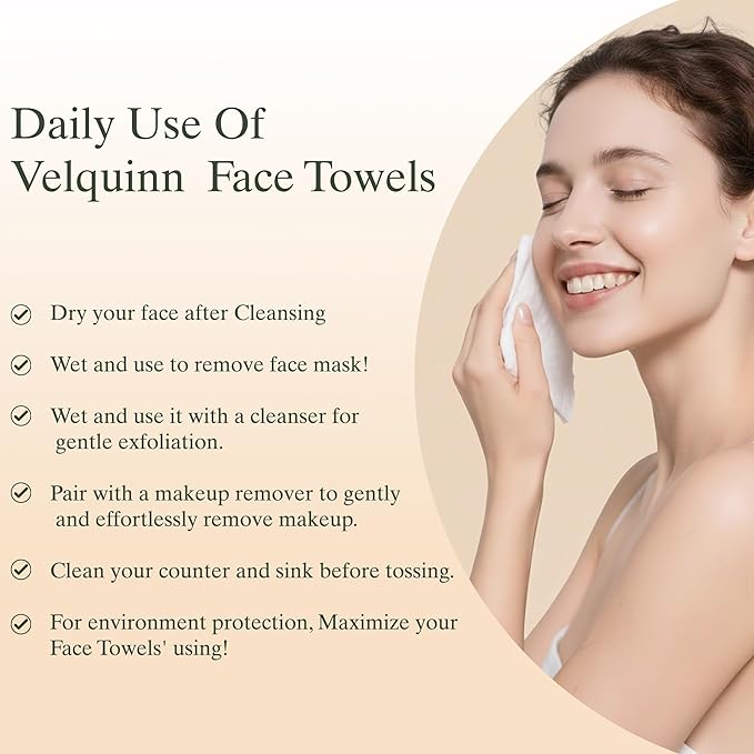 Velquinn Disposable Face Towels -50 Count XL, Double-Side Design, Ultra-Soft & Organic, Eco-Friendly Materials, Perfect for Daily Use, Travel, Makeup Removal, Home & Gym Skincare with facial towels