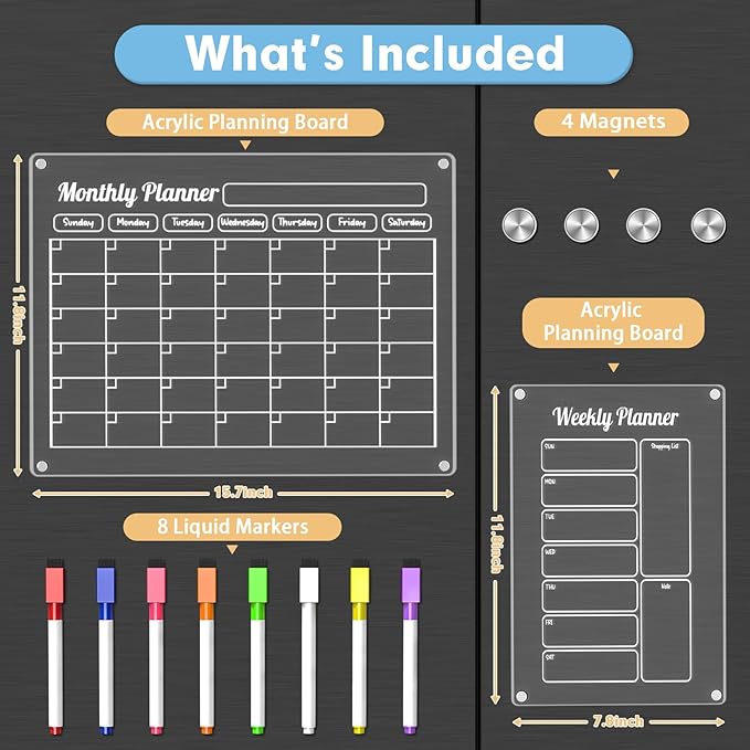 Grtard Acrylic Fridge Calendar Dry Erase Board for Fridge, 3 Pack Acrylic Calendar for Fridge Calendar Magnet, Clear Magnetic Planner Whiteboard for Refrigerator with 8 Colorful Markers