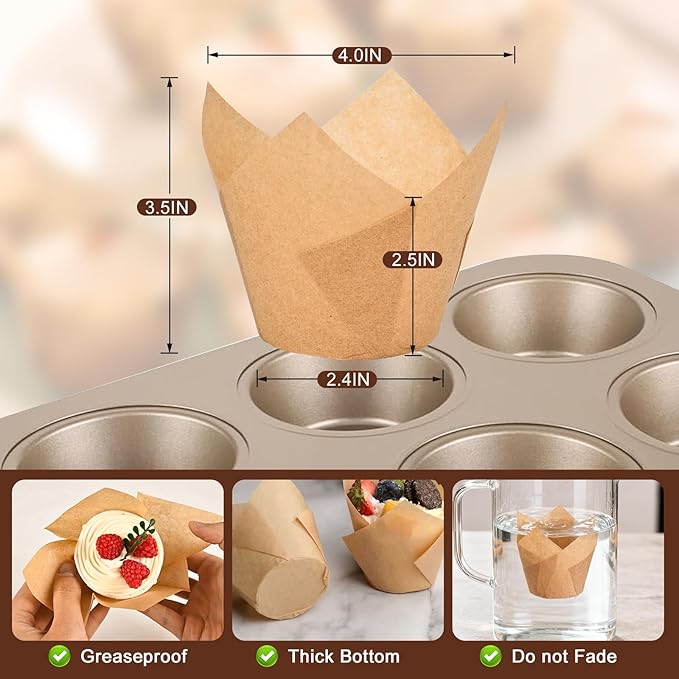 100pcs Extra Large Size Tulip Cupcake Liners for Baking Cups, Food Grade Parchment Paper Large Muffin Liners Holders, Greaseproof Cup cake Wrappers for Party, Christmas by Neyimqr (Natural)