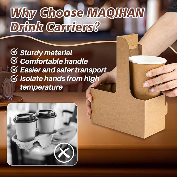 2 Cup Drink Carrier with Handle - 20Pcs Disposable Cardboard Coffee Cup Holder Portable Foldable Tray Drink Caddy Cup Carriers to go Cup Holder Food Delivery Accessories for Hot/Cold Drinks