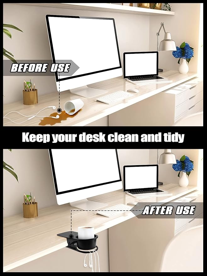 2PCS Drinking Cup Holder Clip, Kalolary Desk Bottle Cup Stand DIY Glass Clamp Storage Saucer Clip Water Coffee Mug Holder Saucer Clip Design for Home & Office, Black