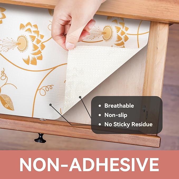 RAY STAR Shelf Liner, Non Adhesive Golden Leaves Floral Kitchen Cabinet Liner for Pantry Drawer Vanity, Strong Grip Non Slip, Shelf Liners for Kitchen Cabinets Cupboard 12 Inch x 10 FT (3 Rolls)