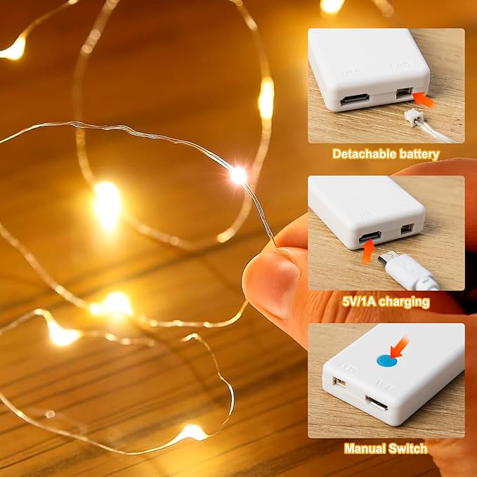 17FT 100LEDs Rechargeable Photo Clips String Light,Remote Control,3 Off Timer,Tangle-Free,Detachable Battery Operated Fairy Lights,Dorm Room Essential for Girl,Christmas(Cool+Warm White,1Pack)