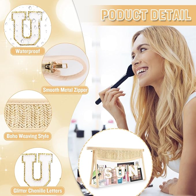 2 Pcs Boho Straw Clear Makeup Letter Bag BEACH Pouch, Sunscreen Bags for Beach Travel Small Cute Chenille Letter SPF Bag Pouch,Waterproof Beach Toiletry Sun Bag Best Beach Accessories for Women(SUN)