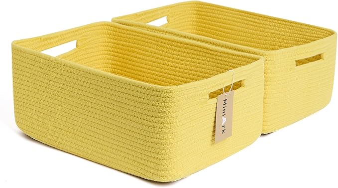 MiniArk Large Storage Baskets for Shelves, Closet Organizer Bins for Clothes, Blanket, Towels, Baby Nursery, Toy Box, Woven Rope Baskets, 17 x 13 x 7.5”, 2 Packs Yellow