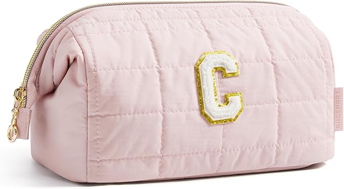 BAGSMART Birthday Gifts Personalized Initial Makeup Bag, Trendy Stuff Gifts for Women Bridesmaid Graduation, Puffy Padded Make Up Bags for Women, Wide-open Toiletry Bag, Pink C