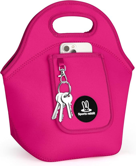 Sports Rabbit Insulated Neoprene Lunch Bag for Women – Foldable Lunch Tote with Front Pocket for Phone & Keys – Reusable, Lightweight, Waterproof, Easy Clean – Ideal for Work, Travel, Picnic(Rose Red)