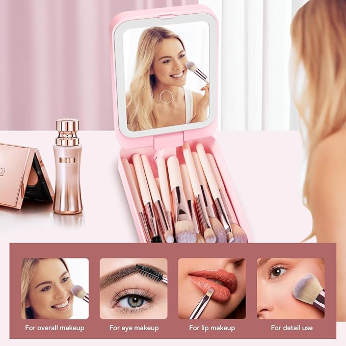 Trendy Teen Girl Gifts – Travel Makeup Brush Set with LED Light Mirror, Perfect Tween Birthday Gifts for Girls 11-16+ year old(Pink)