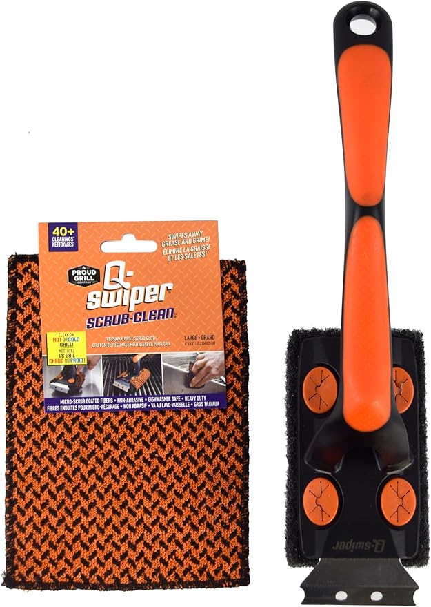 Proud Grill Q-Swiper XL Scrub-Clean BBQ Grill Cleaner Set - Long Bristle-Free Brush with Scraper & Scrub-Clean Reusable Cleaning Cloth, Grease & Grime Remover, Barbecue Cleaner for Outdoor Grilling