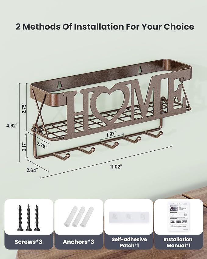 Key Holder Wall Mount - Adhesive Key Holder with 5 Hooks, Key Rack and Mail Organizer, Metal Basket Key Hanger for Entryway, Home, Living Room Decor, 11" L×2.8" W×4.9''H(Bronze)