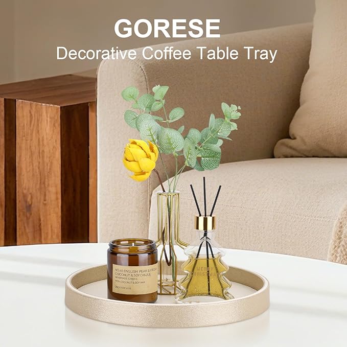 GORESE Gold Decorative Coffee Table Tray, 12" PU Leather Round Trays for Home Decor, Table Centerpiece for Living Room, Vanity, Dresser Decor, Valet Tray for Perfume Jewelry Organize - Gold & Cream
