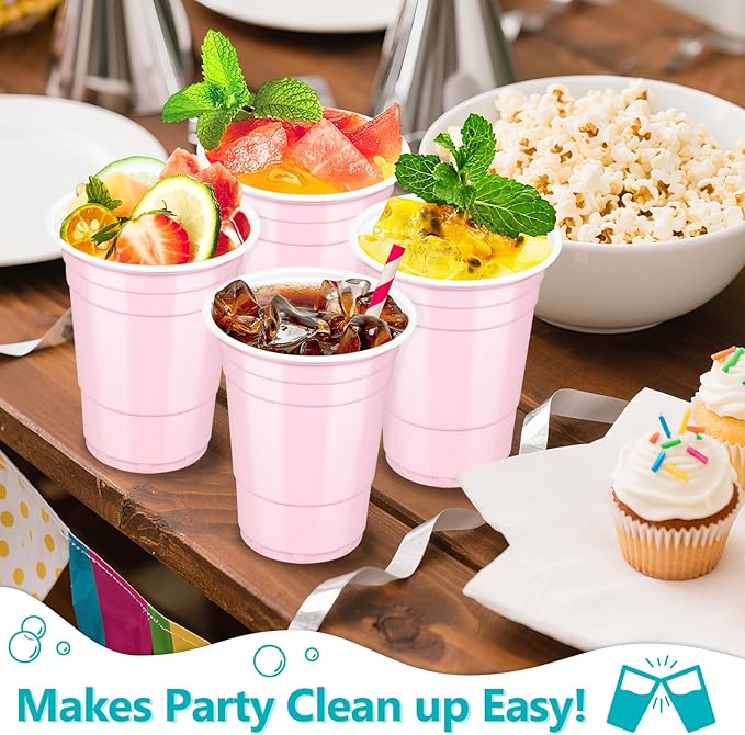 LANLISA 100 Light Pink Plastic Cups, 16 oz Disposable Cups, Drinking Cups For Party Supplies