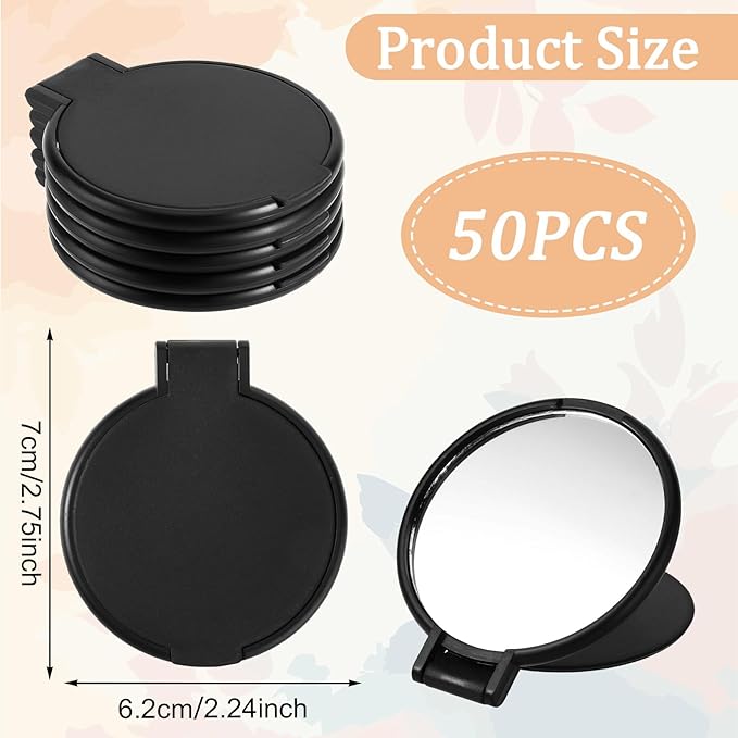 50Pcs Mini Foldable Compact Mirror Bulk Portable Mini Round Makeup Mirror Bulk for Women Men Travel Daily Use Purse Vanity Mirrors (Black)