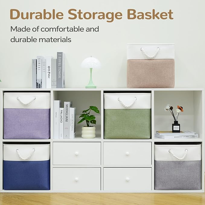 VQRTEXA 13 x 13 Inch Cube Storage Bins, 6 Pack Fabric Storage Basket with Handles, Foldable Boxes Organizer for Shelf Baskets for Home, Clothes (White/Grey)