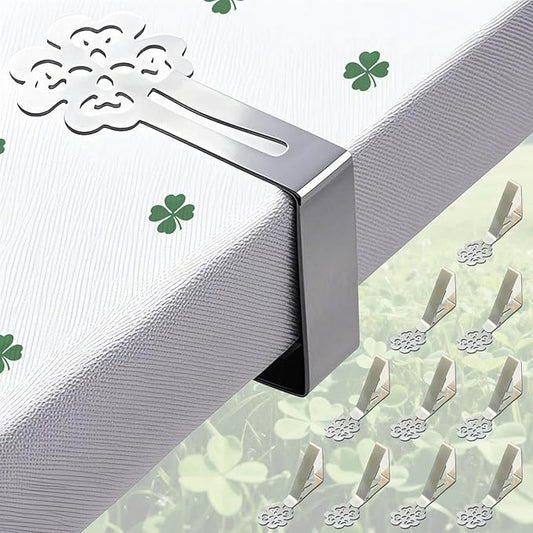 Tablecloth Clips for Outdoor Thick Tables 10 Pack, Lucky Clover Picnic Table Cloth Holder Clip Indoor, Heavy Duty Stainless Steel Cover Clamp for Party Wedding Home Restaurant Camping Accessories