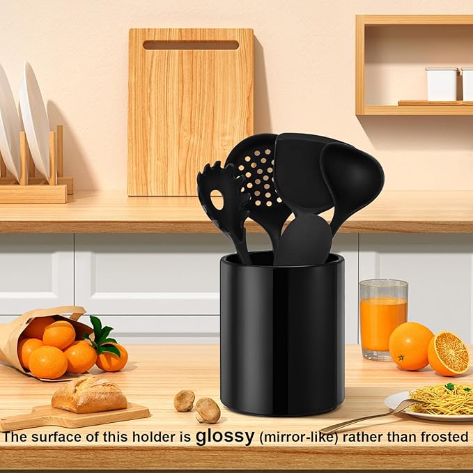 Kitchen Utensil Holder for Countertop, Ceramic Cooking Utensil Holder for Kitchen Counter, Modern Spatula Holder Utensil Organizer, 6.5”H x 5.5”D Black