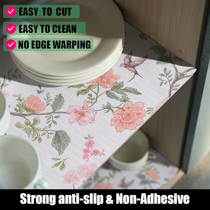 Bird Floral Shelf Liners Non Adhesive and Strong Non-Slip 12IN x 20FT Shelf and Drawer Liners for Kitchen Cabinet Wire Fridge, Waterproof Shelf Drawer Liner,Easy to Clean