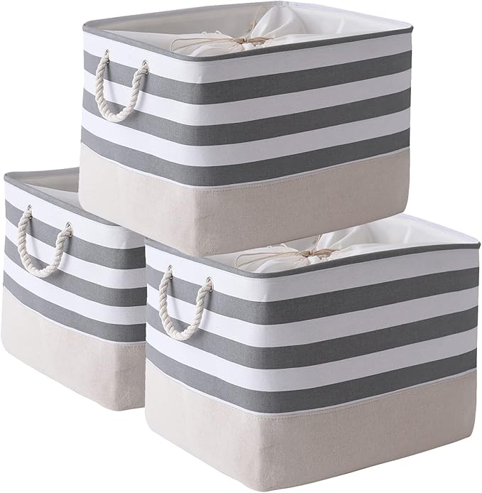 TheWarmHome Jumbo Storage Bins Baskets, Sturdy Fabric Organizing Basket W/Handles, Decorative Foldable Storage Baskets for Shelves Closet Nursery Toy (Grey&White Stripes 3 Pack, 20.5Lx15.7Wx13.8H in)