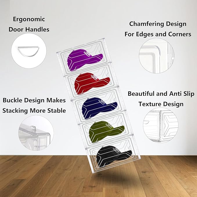 6-Pack Shoes Organizer Box, Clear Stackable Baseball Caps Holder with Secure Buckle-Door,Hat Rack Display Case,Durable and Hard PP Material Storage Box for Caps, Hats,Shoes and Accessories