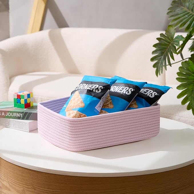 MiniArk Large Shallow Organizing Baskets 15x11x5.1 Inches - Rope Woven Storage Bins for Bathroom, Shelves, Cube Closet, Light Pink 3 Packs