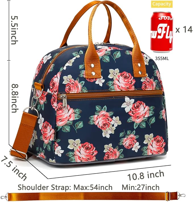 FlowFly Insulated Lunch Bag With Shoulder Strap for Women, Men, and Kids, Large and Reusable, Handle, Freezable Work and School Travel Tote and Meal Prep Organizer, Peony