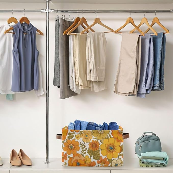 Aslsiy Storage Basket Vintage 70s Style Flowers Nursery Bins Baby Box Canvas Clothes Shelf Basket Laundry Hamper Gift Baskets for Home Closet 1 Pcs