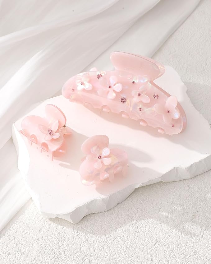 3PCS Acrylic Flower Hair Claw Clips - 2 Styles Durable Medium Small Claw Clips for Women, Strong Hold Cute Non Slip Stylish Accessories Decroation Buns for Thick Thin Hair (pink)