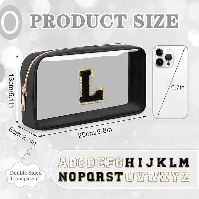 Small Clear Personalized Initial Makeup Bag,Nylon Preppy A-Z Chenille Letter Patch Cosmetic Pouch Beach Toiletry Bag,Waterproof Zipper Travel Purse Storage Bag Organizer for Women Girls(Black-Black L)