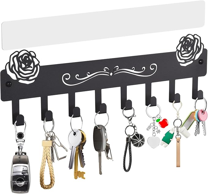 Key Holder Wall Mount with 8 Key Hooks for Wall, Adhesive or Drill Wall Key Holder, Modern Key Organizer Wall Mount Key Rack for Entryway, Kitchen, Hallway, RV Decor（Large）