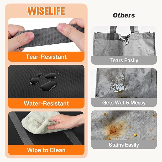 WISELIFE Reusable Grocery Bags with Handles - 4 Pack, 35L Large Shopping Bags for Groceries, Water-Resistant & Foldable Grocery Totes for Lasting Use for Kitchen, Market, Car Trunk, Picnic (Black)