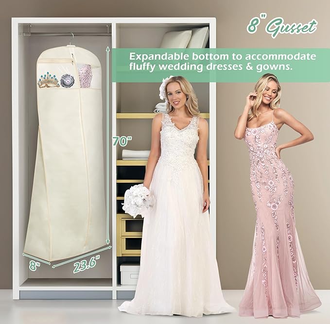 MISSLO 70" Bridal Wedding Gown Dress Garment Bag with Accessories Pouch Large Travel Garment Cover 8" Gusset (Beige)