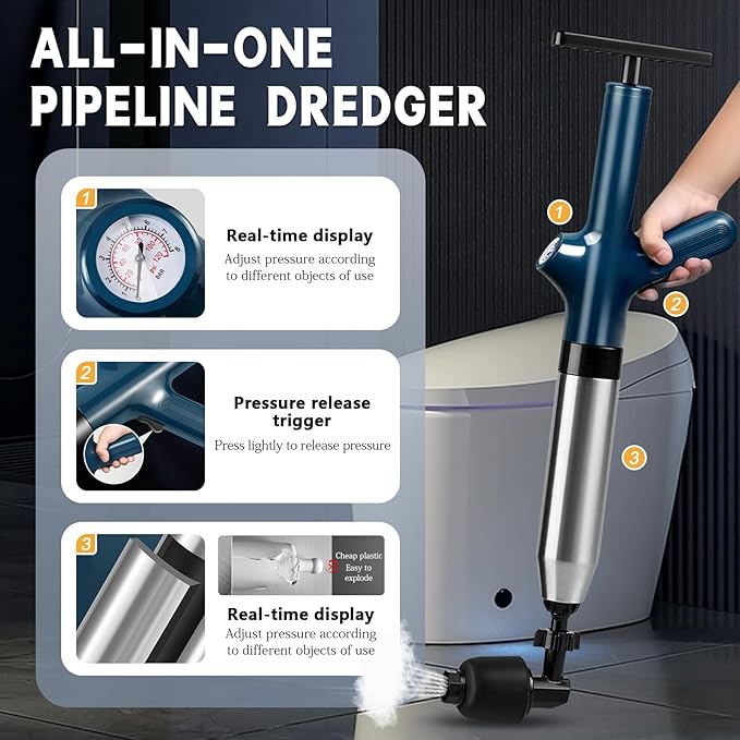 High Pressure Toilet Plunge, Power Toilet Plunger Drain Clog Remover, Multi-Drain Unclogger For Toilets, Bathroom, Sink, Floor & Kitchen Clogs, Stainless Steel Design With Real-Time Pressure Gauge