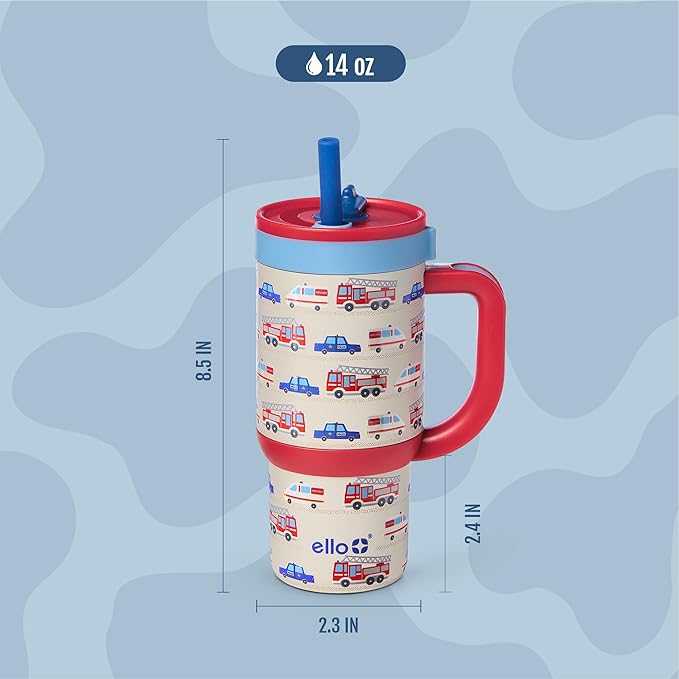 Ello Oasis 14oz Stainless Steel Toddler Tumbler with Handle & Retracting Straw, 100% Leakproof, Double-Wall Vacuum Insulated, Kids Water Bottle for School, BPA Free, Dishwasher Safe, To The Rescue