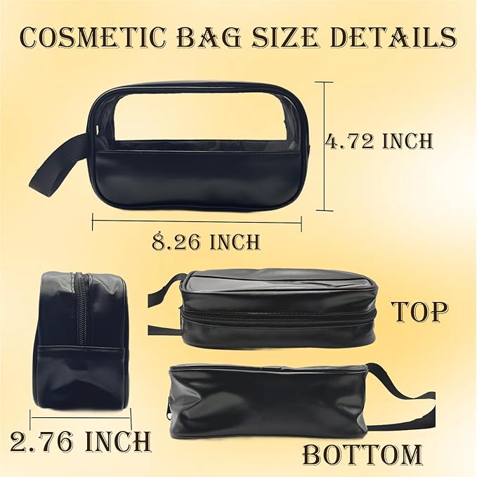 Clear Makeup Bag, Portable Travel Toiletry Cosmetic Bag Case for Women, TSA Approved Transparent PVC Waterproof Clear Pouch for Travel Essentials for Women - Black