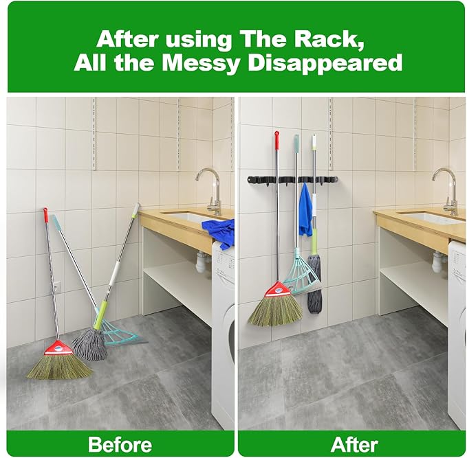 voze 3 Racks and 4 Hooks Mop and Broom Holder Wall Mount, Self-Adhesive Heavy Duty Broom Organizer Storage Tool Racks for Kitchen Garden Laundry Garage