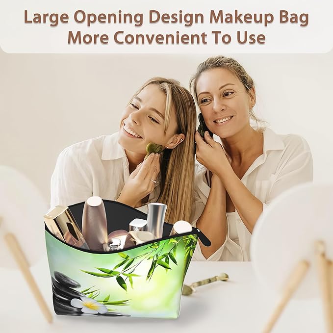 Zen Spa Makeup Bag Travel Cosmetic Bag for Women,Grey Stones Flowers Small Make up Pouch Travel Bags for Toiletries Aesthetic Accessories Waterproof Gifts