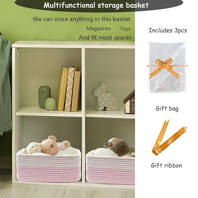 COMFY-HOMI 11.5"x7.5"x4.7" Storage Baskets for Organizing | Cotton Rope Woven Basket | Toy Storage Bin Box | Basket for Shelves, Closet Organizer Bin, Decorative Closet Shelf, 3 Pack, Pink