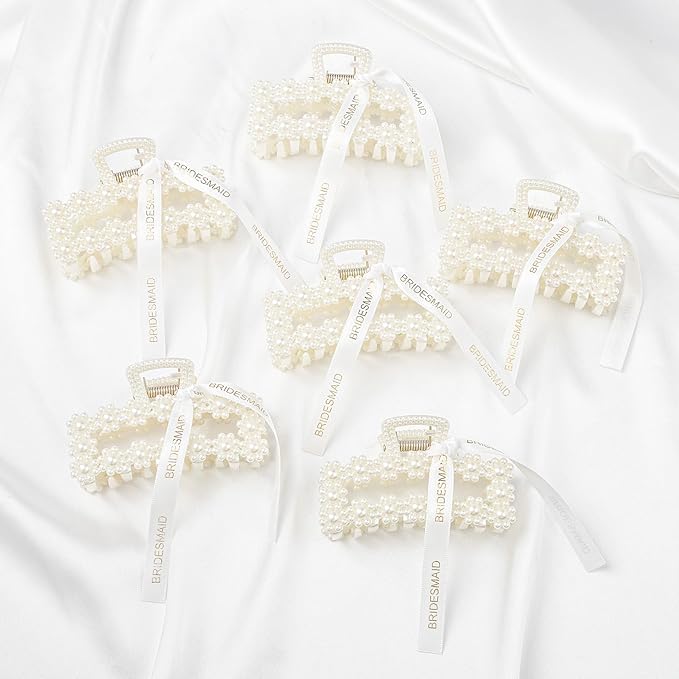 8 PCS Pearl Bridesmaid Gifts Rectangle Hair Claw Clips with Ribbon 3 Inch Hair Hccessories for Wedding Bachelorette Party Favors