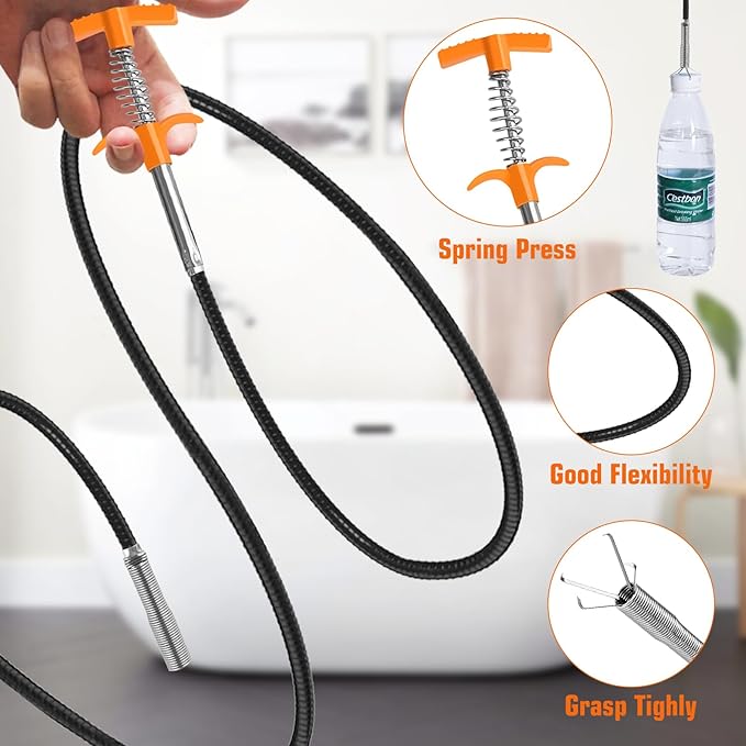 New Upgrade 63 inch Drain Snake Hair Drain Clog Remover Tool - Sink Drain Cleaner for Toilet Sewer Shower Kitchen Bathroom Tub Clogged Drains Opener Cleaning Tool, Flexible Grabber Claw Pick Up Tool