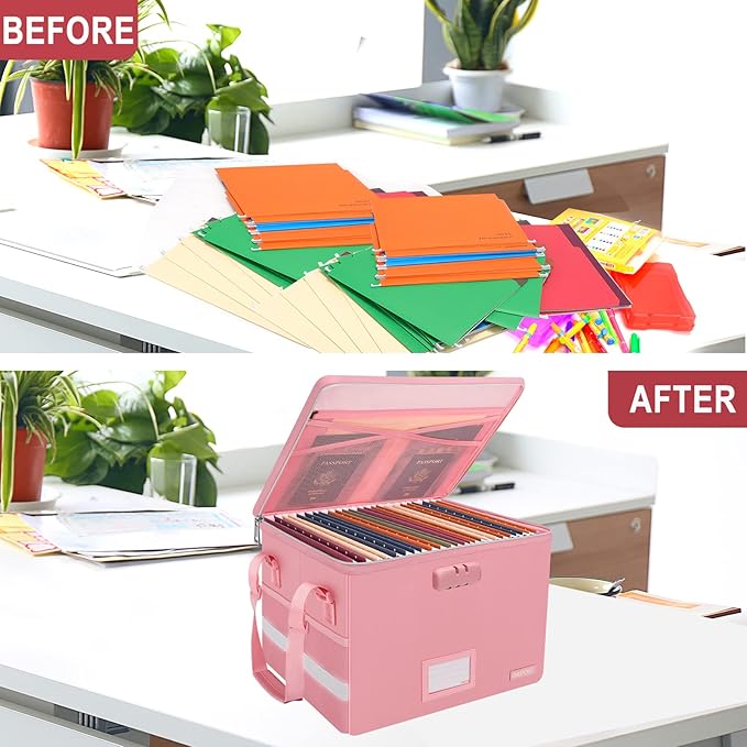 ENGPOW File Box with Lock, Fireproof Document Box with Zipper & Pockets, Collapsible File Organizer Filing Storage Cabinet with Handle, Portable Home Office Safe for Hanging Letter/Legal Folder, Pink