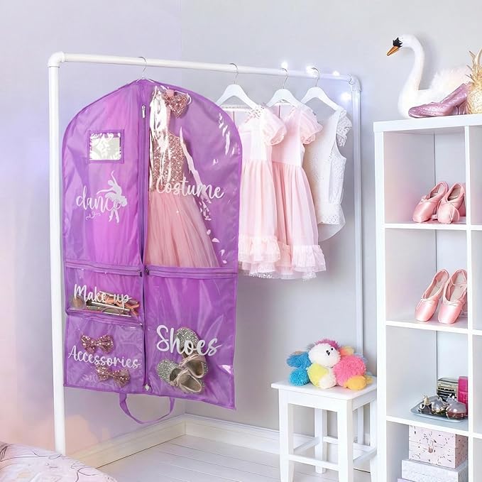 DEEKA Dance Garment Bag for Hanging Clothes with Zipper Pockets Dance Accessories Essentials Uniform Costume 40 Inch Dress Bags for Dance Competition Girls (Purple,White-Dance)