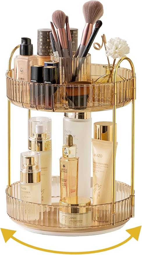 360 Rotating Makeup Organizer, 2 Tier Large Capacity Makeup Organizers and Storage, Skincare Perfume Vanity Organizers, Bathroom Cosmetics Storage Organizer Countertop (Gold)