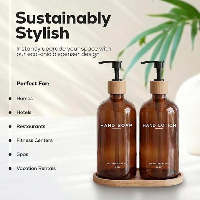 Amber Glass Soap and Lotion Dispenser Set with Tray by Brighter Barns - Hand Soap Dispenser Bathroom Set - Glass Bottles with Pump - Bamboo Home Accessories & Modern Bathroom Decor for Airbnb (Amber)