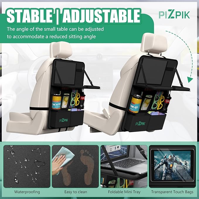 Car Backseat Organizer with Tablet Holder, 11 Storage Pockets with Foldable Food Tray, Kick Mats Protector for Kids, Travel Accessories Organizer (Black, 2-Pack with Food Tray)